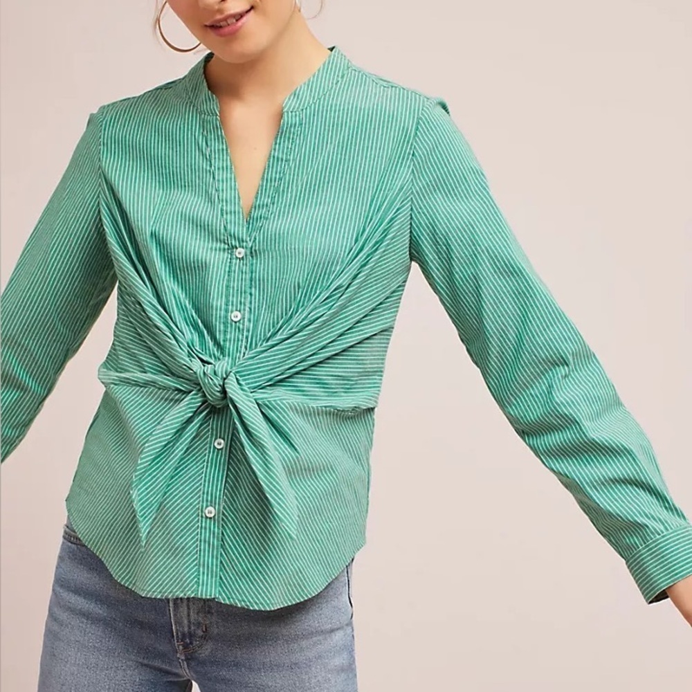 Anthropologie Maeve Katherine knotted blouse stripe shirt green 26786